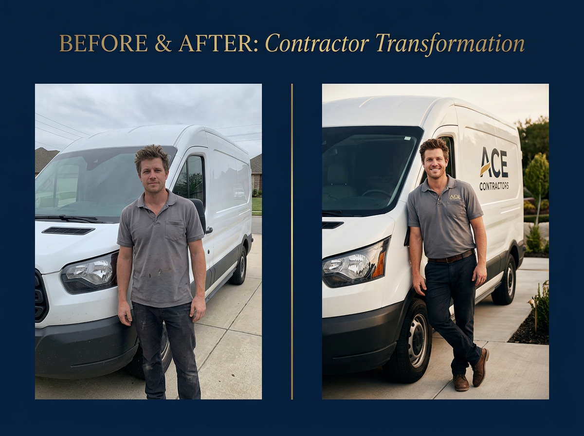 Before and after comparison of a contractor's business photo transformed into a polished marketing image